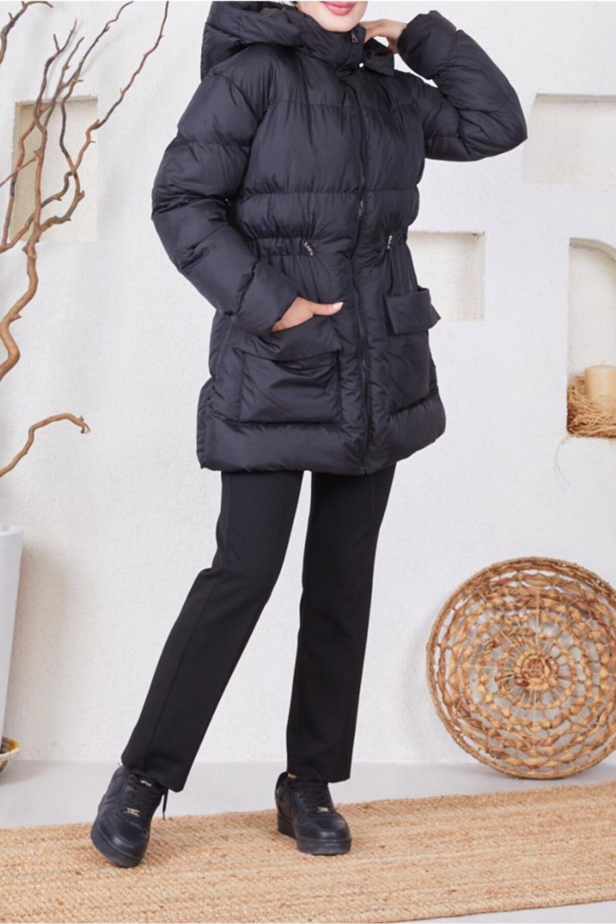 TRENDTESETTÜR Beli Büzgülü Kapüşonlu Şişme Kaban 0731