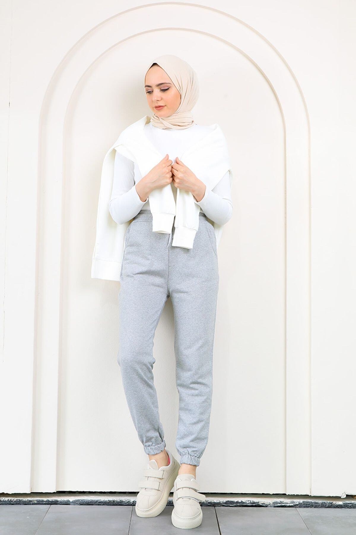 Defne Bahar Çift Şeritli Eşofman Altı Gri