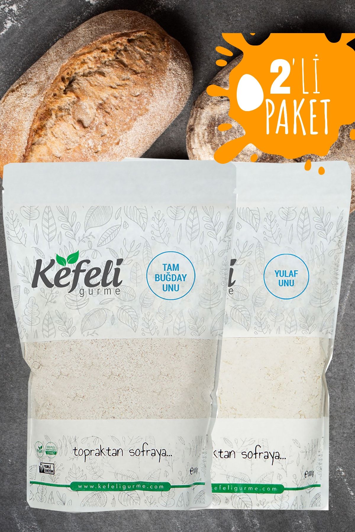 Kefeli İyi Tarım Tam Buğday Unu ( 1 Kg ) + Yulaf Unu ( 1 Kg ) Katkısız Doğal Taş Değirmen