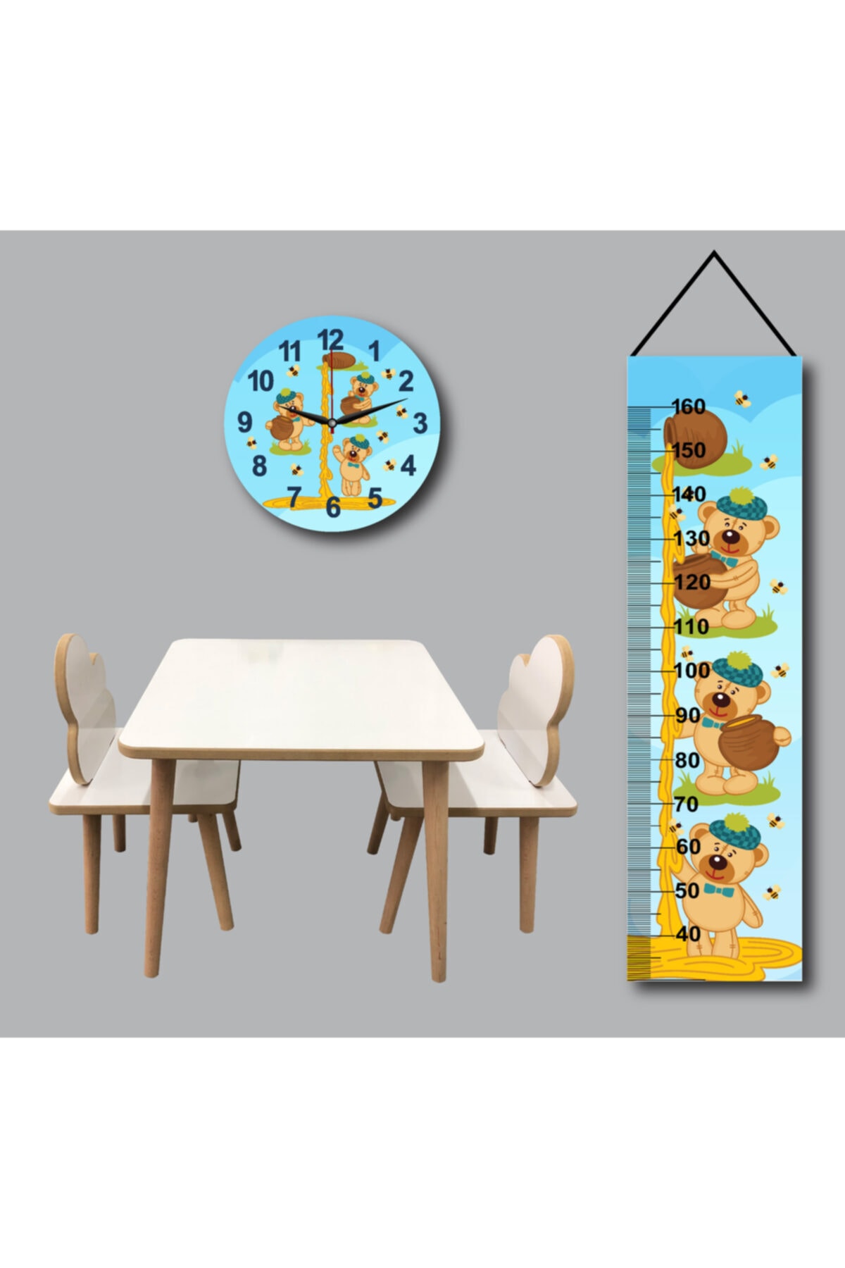 Makeart Baby Sevimli Ayı Yaz Sil Ders Aktivite Bulut Masa Sandalye Takımı +boy Ölçer +saat