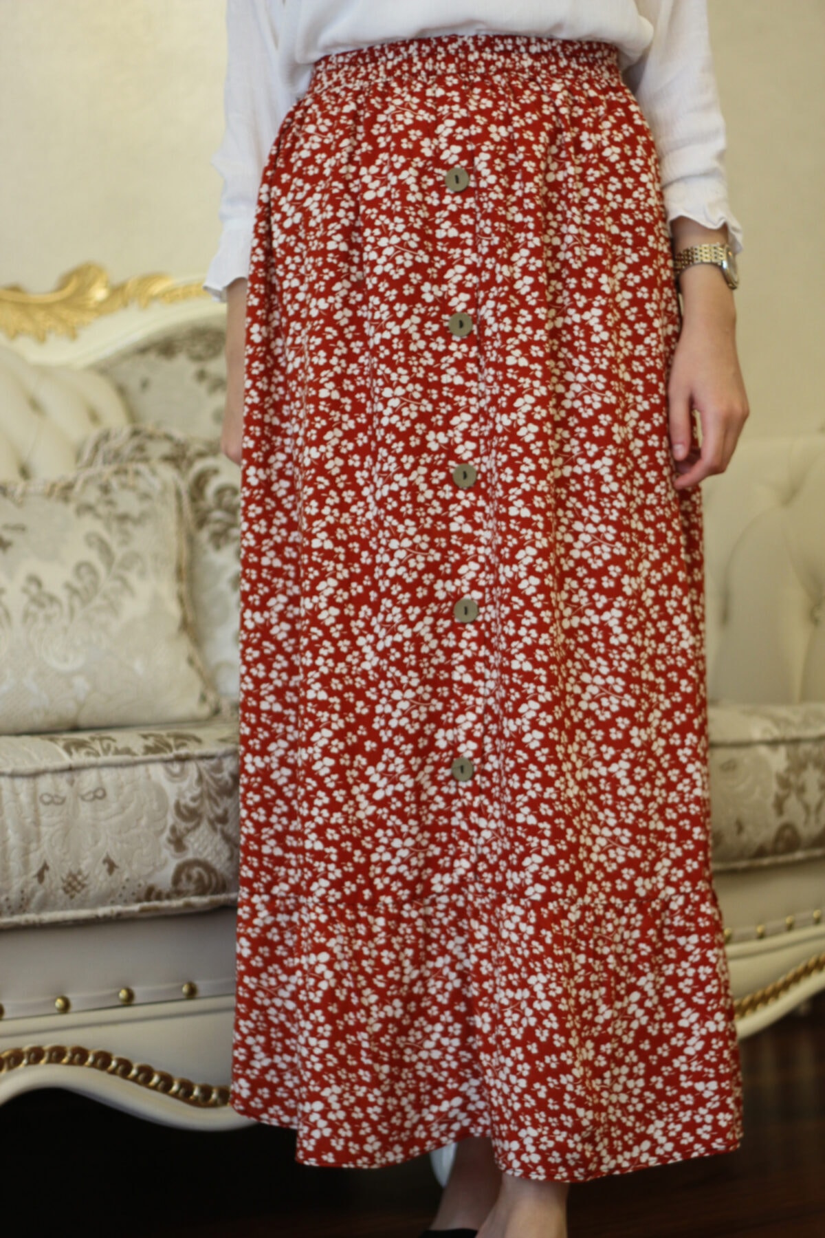 Gökçe Giyim Kadın Taba Düğme Detaylı Maxi Etek