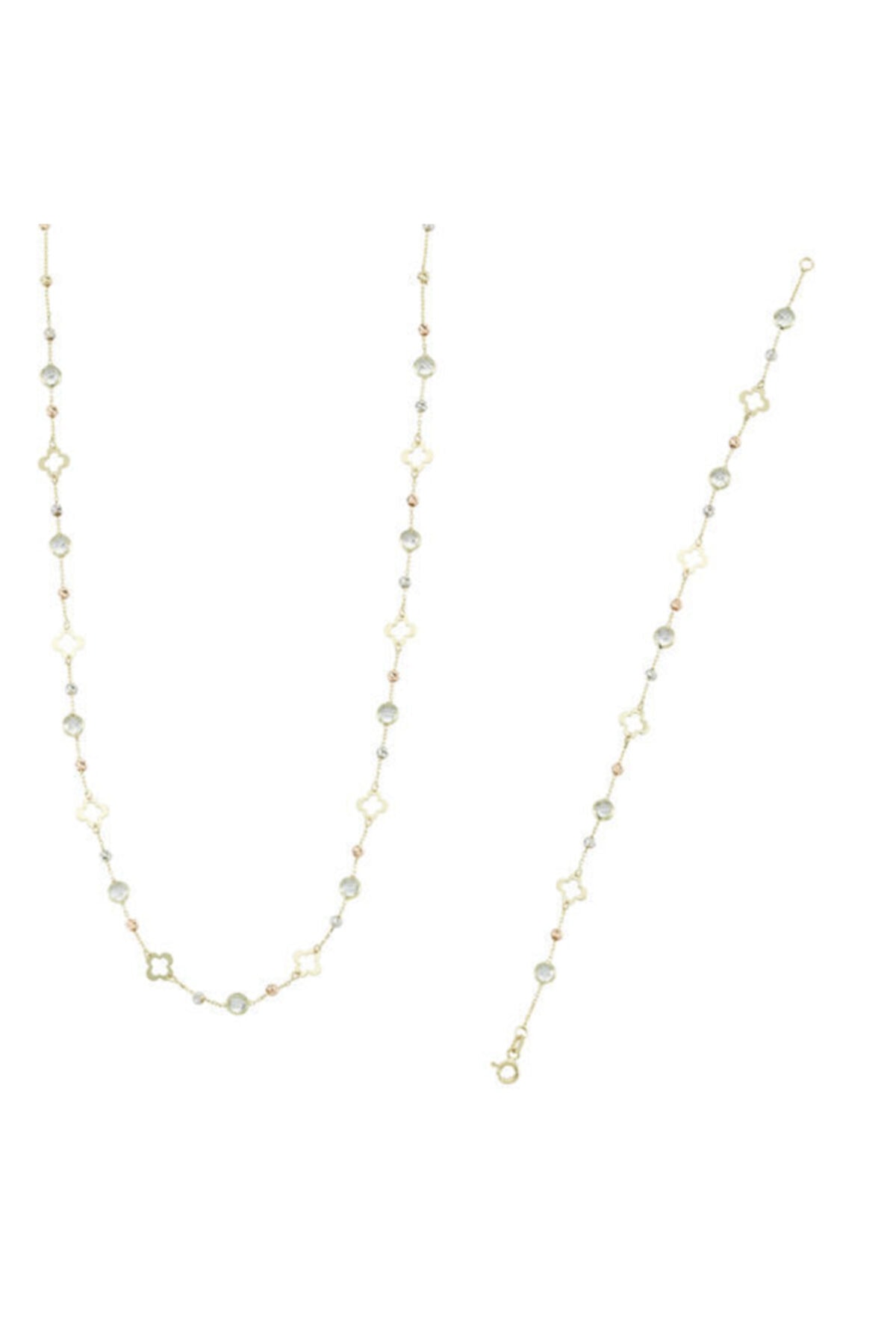 Gonca Gold Beyaz Taşlı, Yonca Figürlü, Dorikalı 14 Ayar, Sarı Altın Kolye, Bileklik Takım - 6,08 Gr