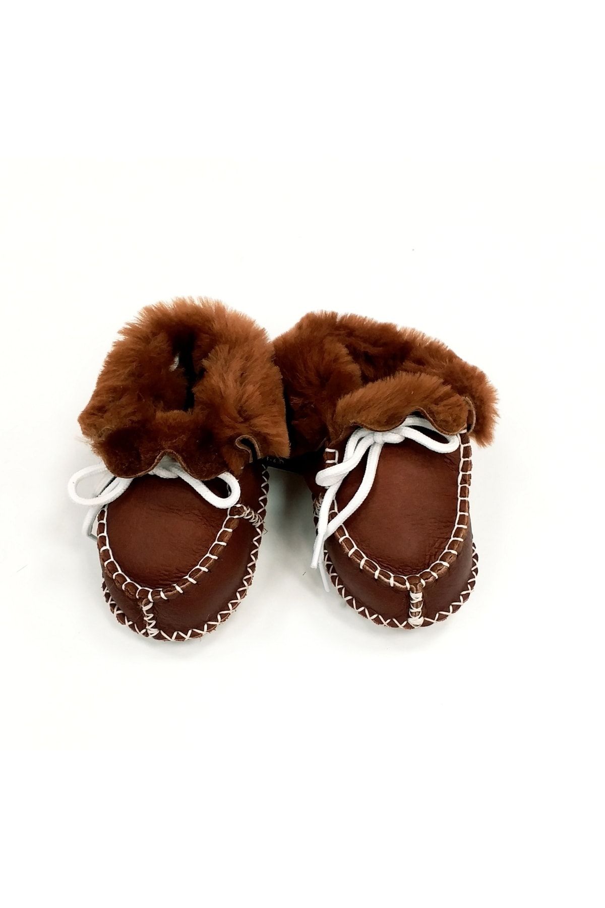 Minnoş Butik Tasarım Unisex Bebek Kahverengi  Kuzu Derisi Patiği İlk Adım Ayakkabısı