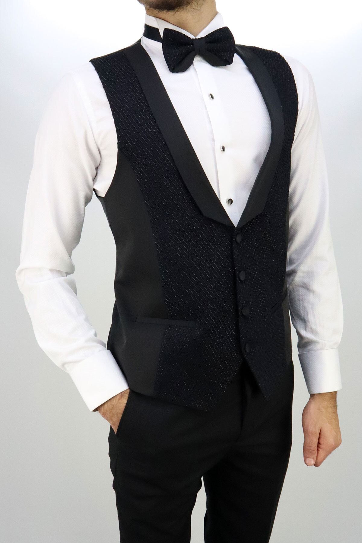 ZAYFA Erkek Siyah Simli Yaka Slim Fit Yelekli Smokin Damatlık