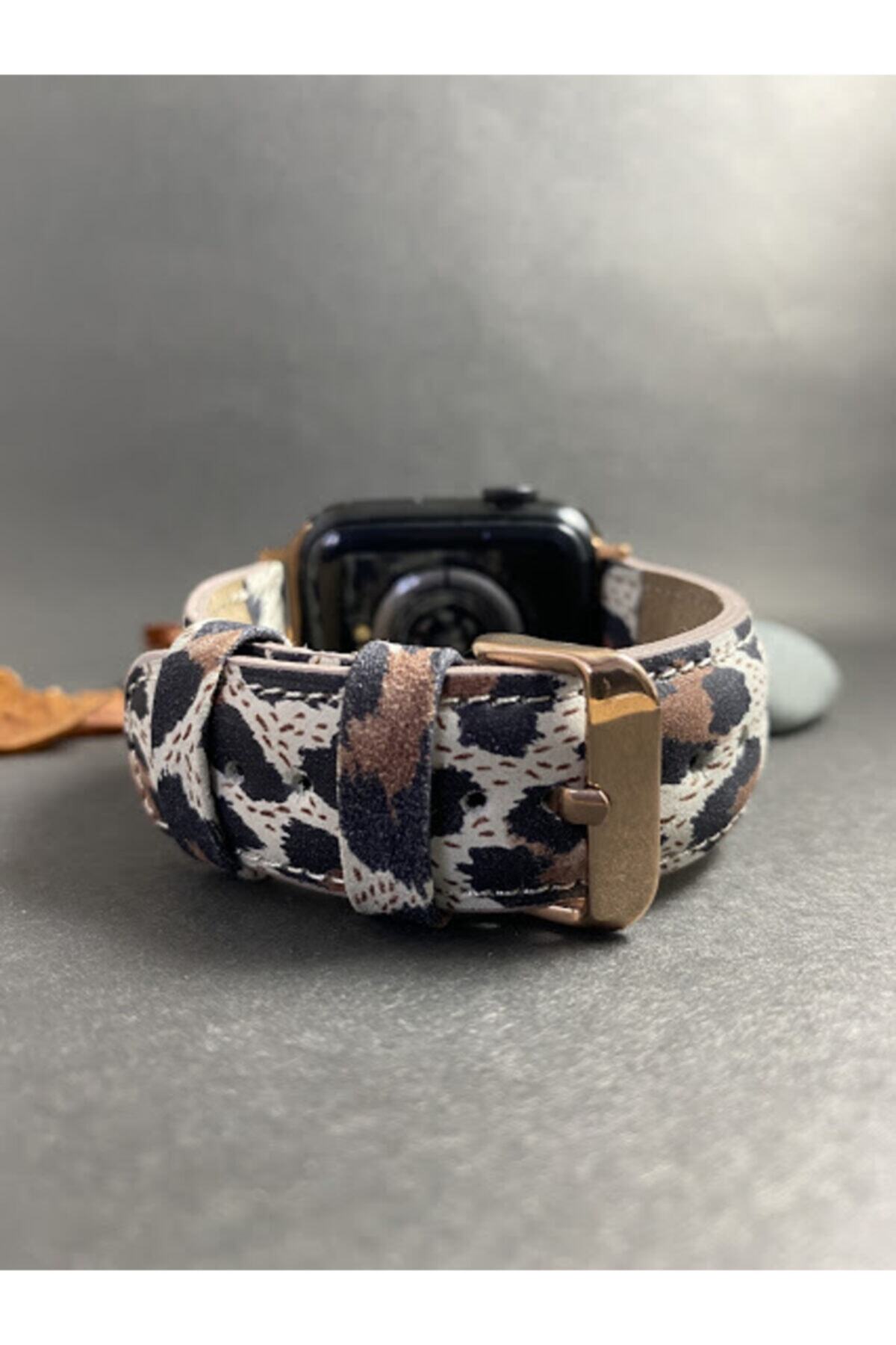 Yaydan Deri Aksesuar Apple Watch 42-44mm Leopar Deri Kordon