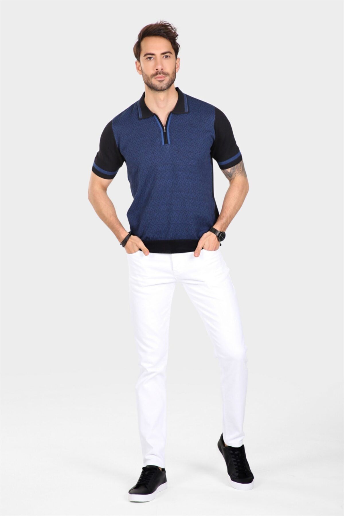 Ferraro Erkek Desenli Yakası Çizgili Polo Yaka %100 Pamuk Triko T Shirt - Siyah