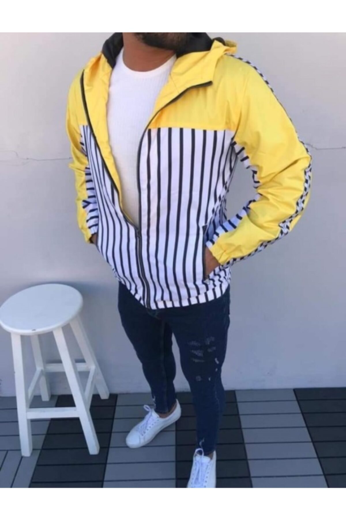 MARKA KRALI Erkek Sarı Kapşonlu Zebra Çizgili Mevsimlik Mont Kaban