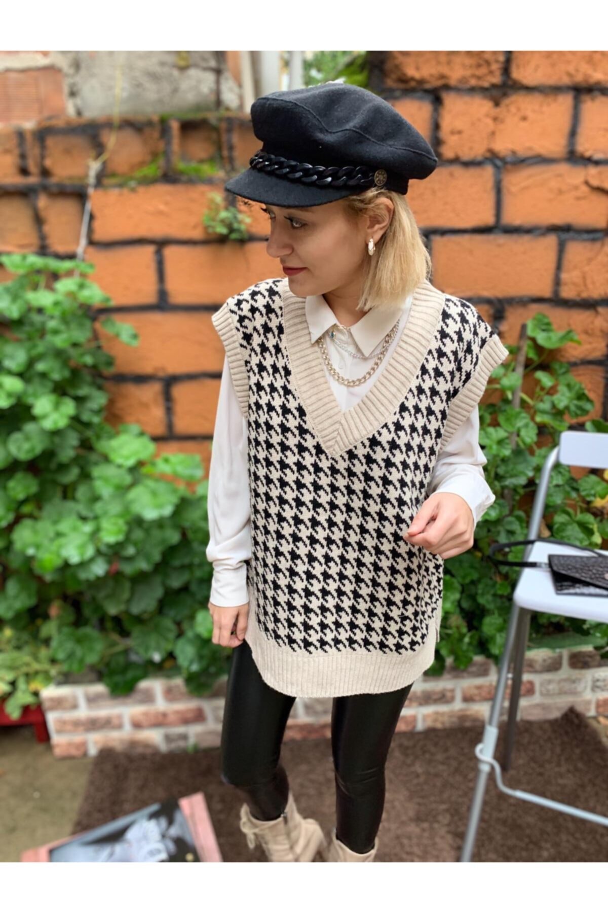 NEED BUTİK Kadın Ekru Kaz Ayağı Desenli Oversize Triko Süveter