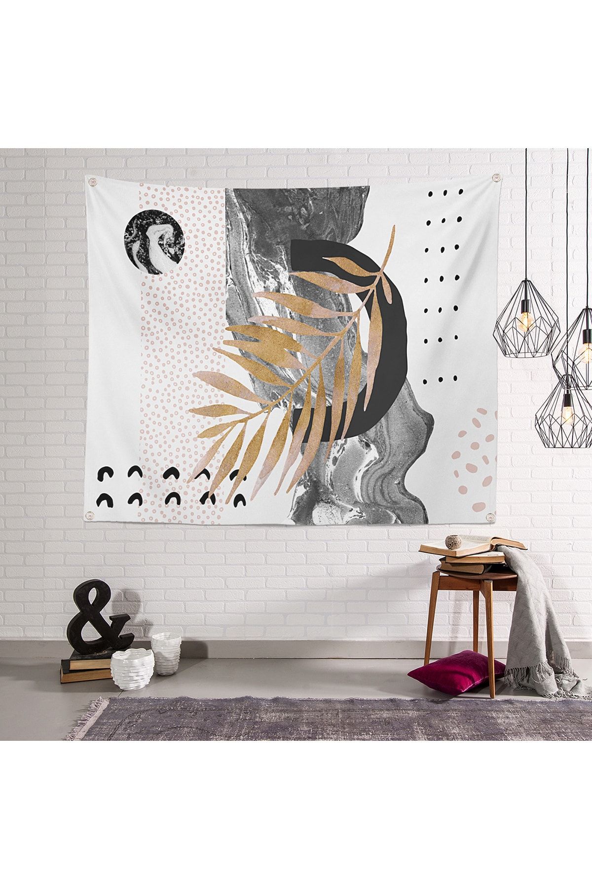 Realhomes Soyut Çizim Altın Yaprak Desenli Özel Tasarım Dekoratif Tapestry Duvar Örtüsü