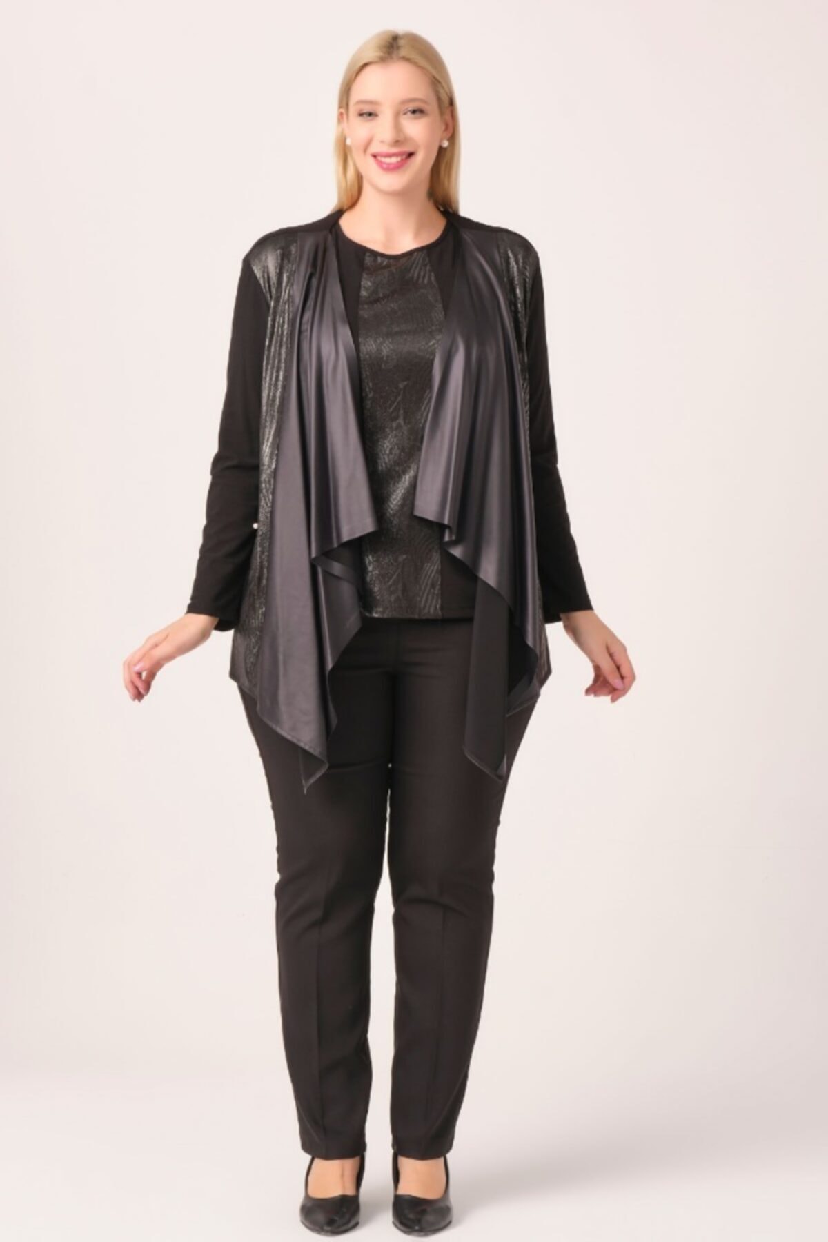 Oktay Kadın Siyah İthal Örme Kumaş Deri Nervürlü Cepleri Incili Büyük Beden Ikili Takım