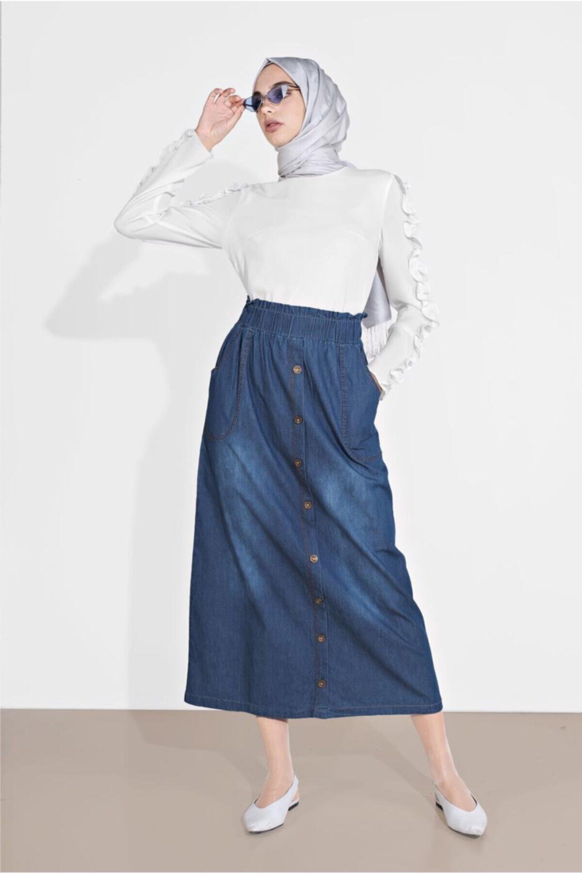 TRENDTESETTÜR Kadın Lacivert Düğme Detaylı Denim Etek 754