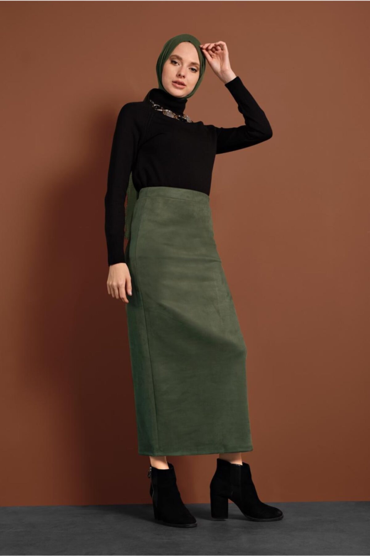 TRENDTESETTÜR Kadın Haki Yüksek Bel Likralı Süet Etek