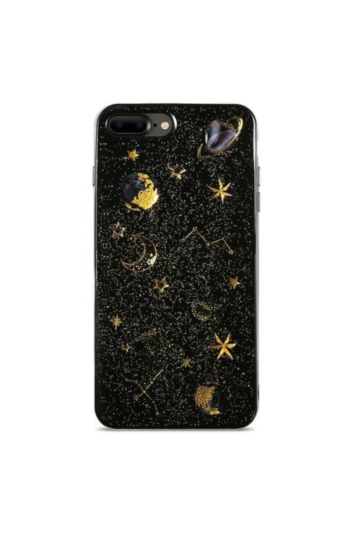 LIME CASES Apple Iphone 7 Plus 8 Plus Kılıf Moda Uzay Boşluğu Gezegenler Yıldızlar Desen Siyah Silikon