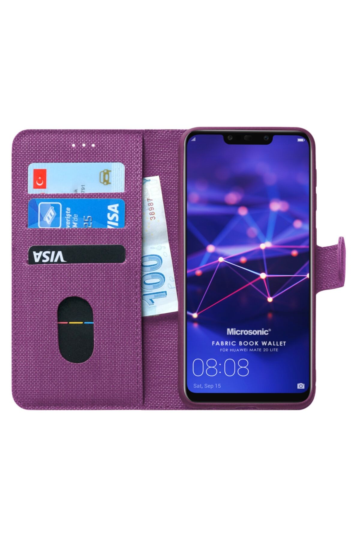 Microsonic Microsonic Mate 20 Lite Kılıf Fabric Book Wallet Mor 1