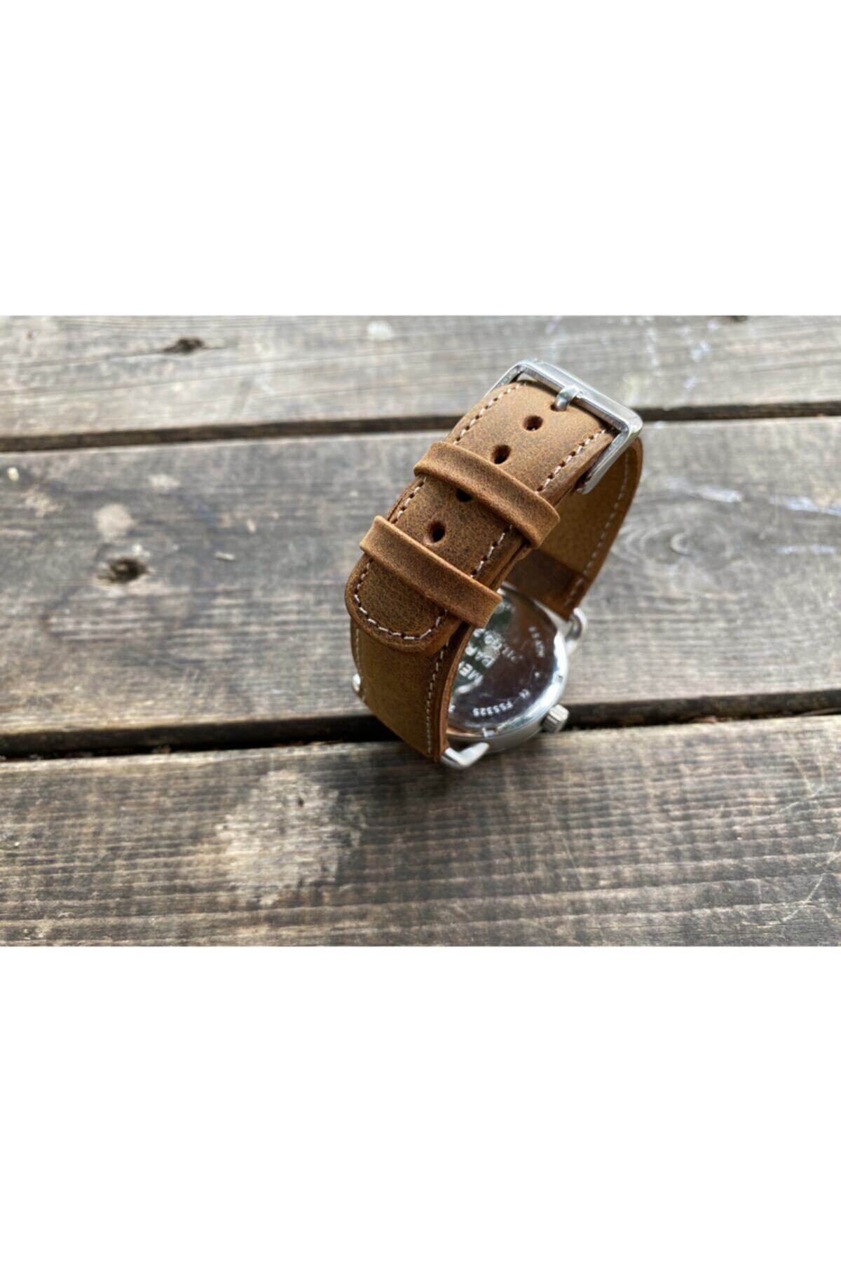 Yaydan Deri Aksesuar 22mm Taba Crazy Beyaz Dikişli Bombeli Deri Kordon