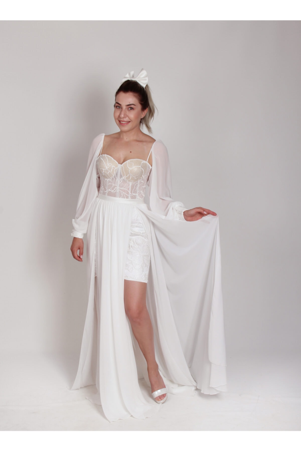 Ladychic Kadın Ekru Strables Transparan Balon Kol Şifon Nikah Elbisesi