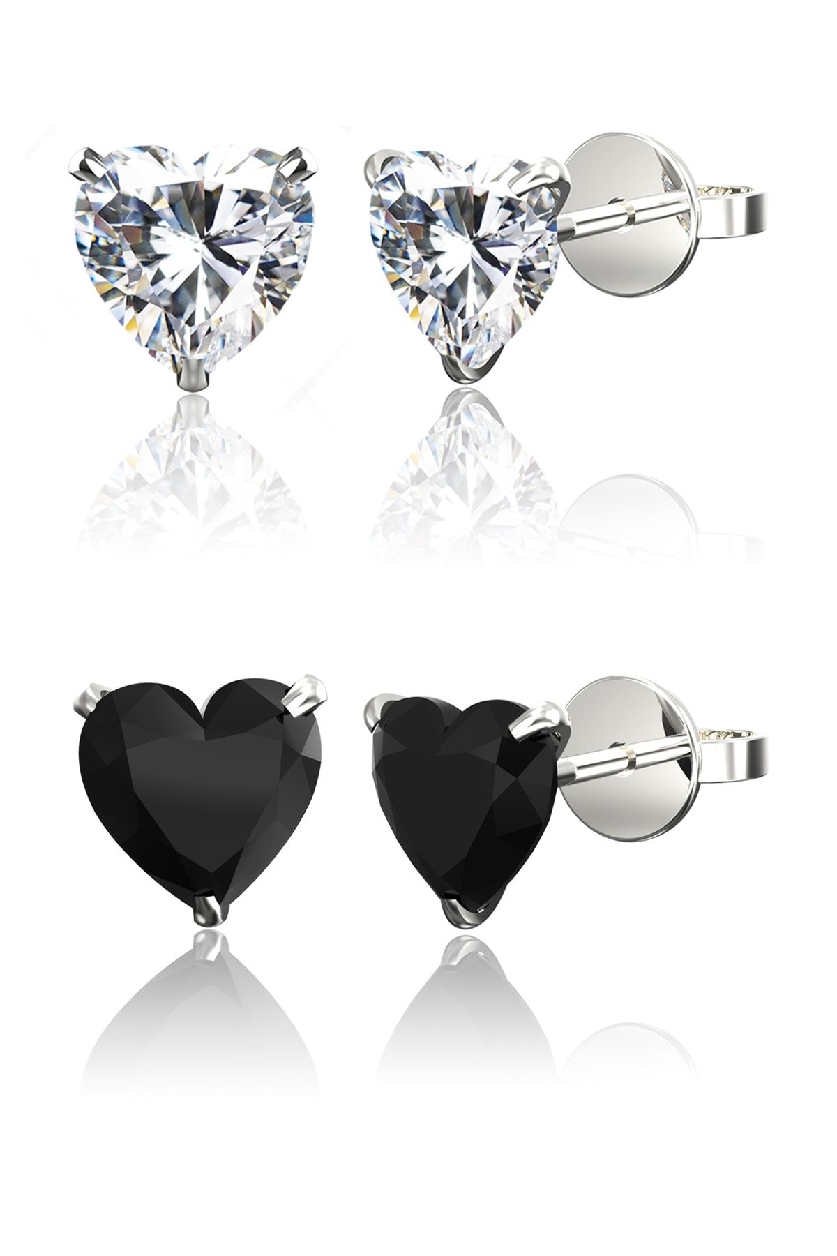 Jewelry For Light 2'li Set 6mm Beyaz, 6mm Siyah Tektaş Kalp Kesim Kübik Zirkon Pimli Gümüş Küpe