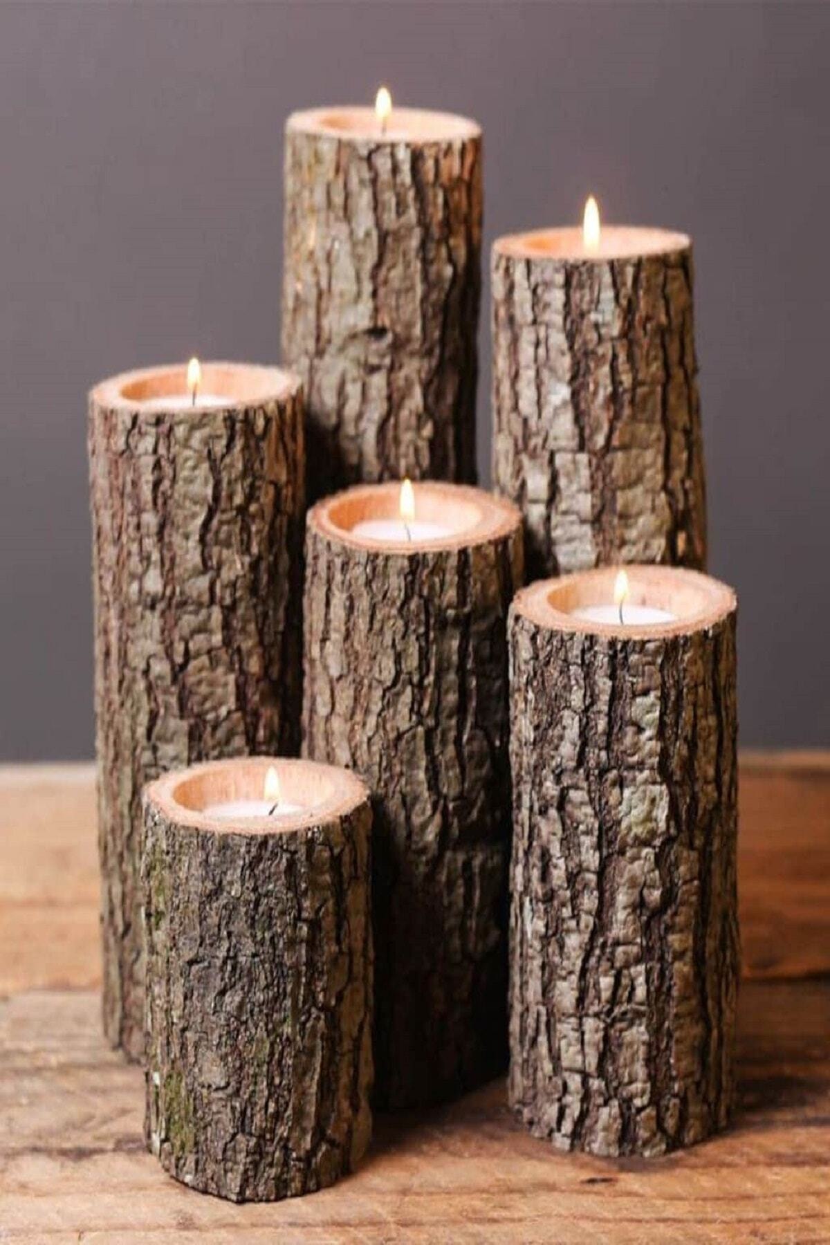 SAHLAN Dilim Kütük Mumluk Ahşap Mumluk Dekoratif Ahşap Mumluk 6'lı