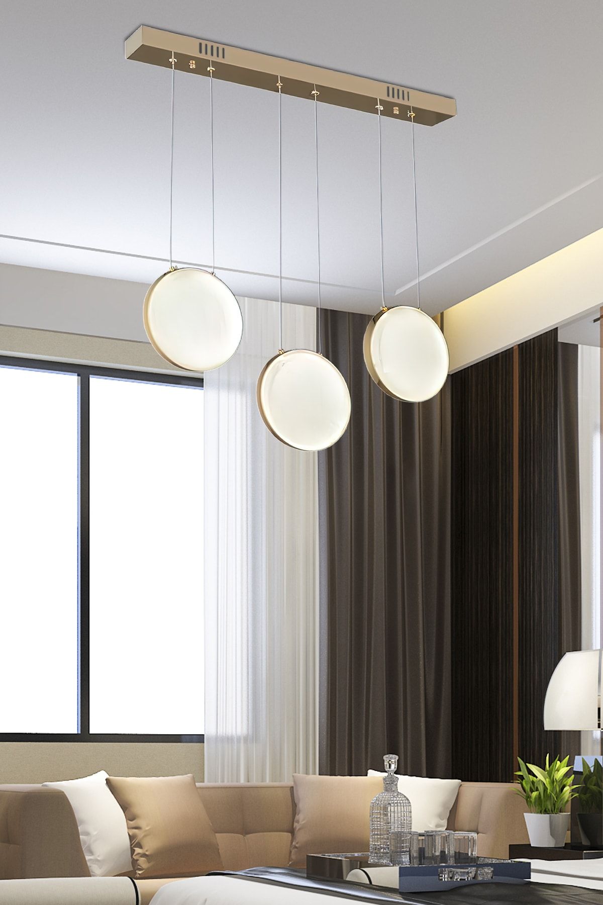 burenze Luxury Modern Üçlü Sıralı Sarkıt Led Avize Gold Sarı Ledli Avize