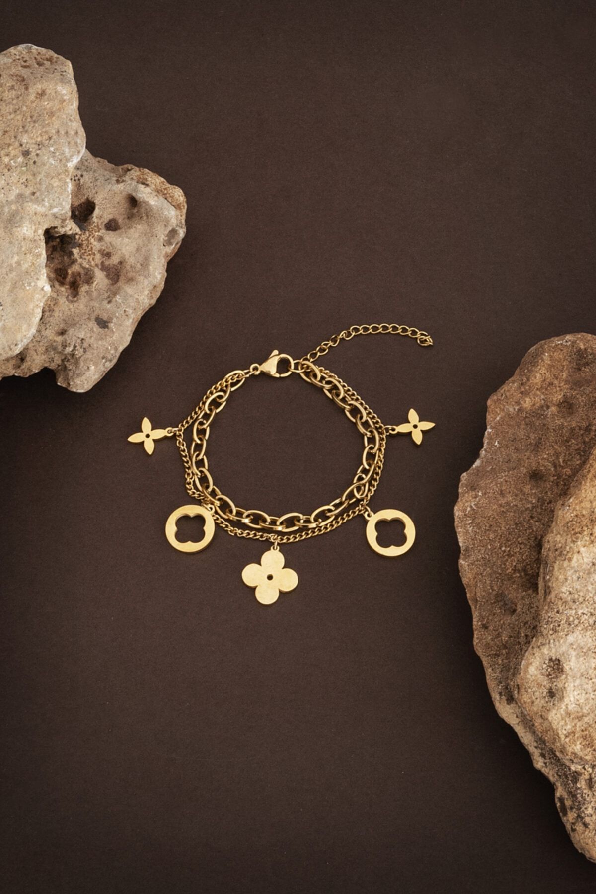DGN Collection Düz Yonca Detaylı Çift Zincir Gold Altın Kaplama Bileklik