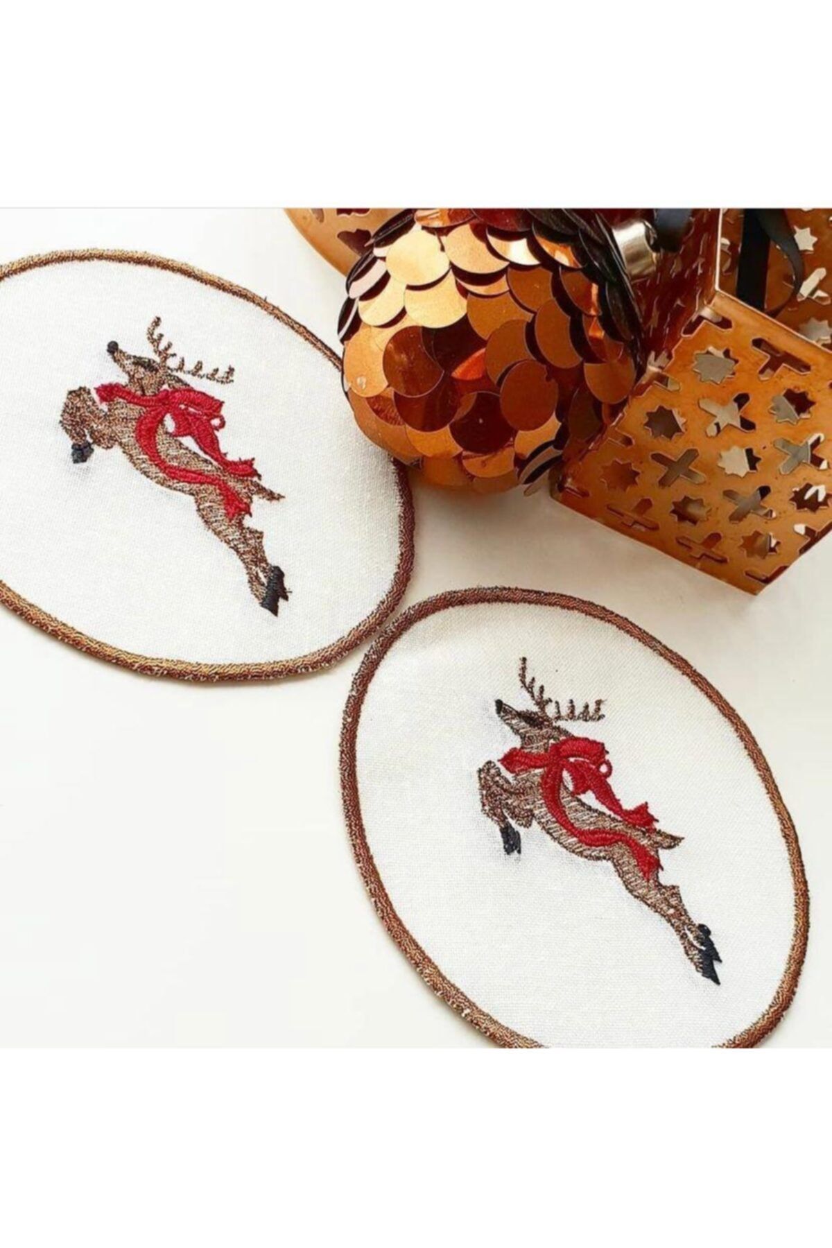 cantasarım ev tekstili Kurdele Geyik Nakışlı Keten Kokteyl Peçetesi Sunumluk 15x15 Cm