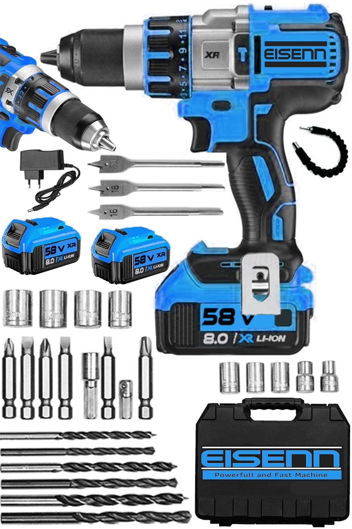 Eisenn Germany Technology Xr-blue 58 V 8 Ah Hd Li-on Darbeli Çelik Şanzıman Akülü Matkap + 30 Pcs Set