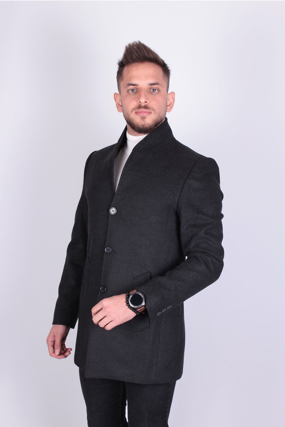 TREND YAŞAR Antrasit Slim-fit Kaşe Kaban