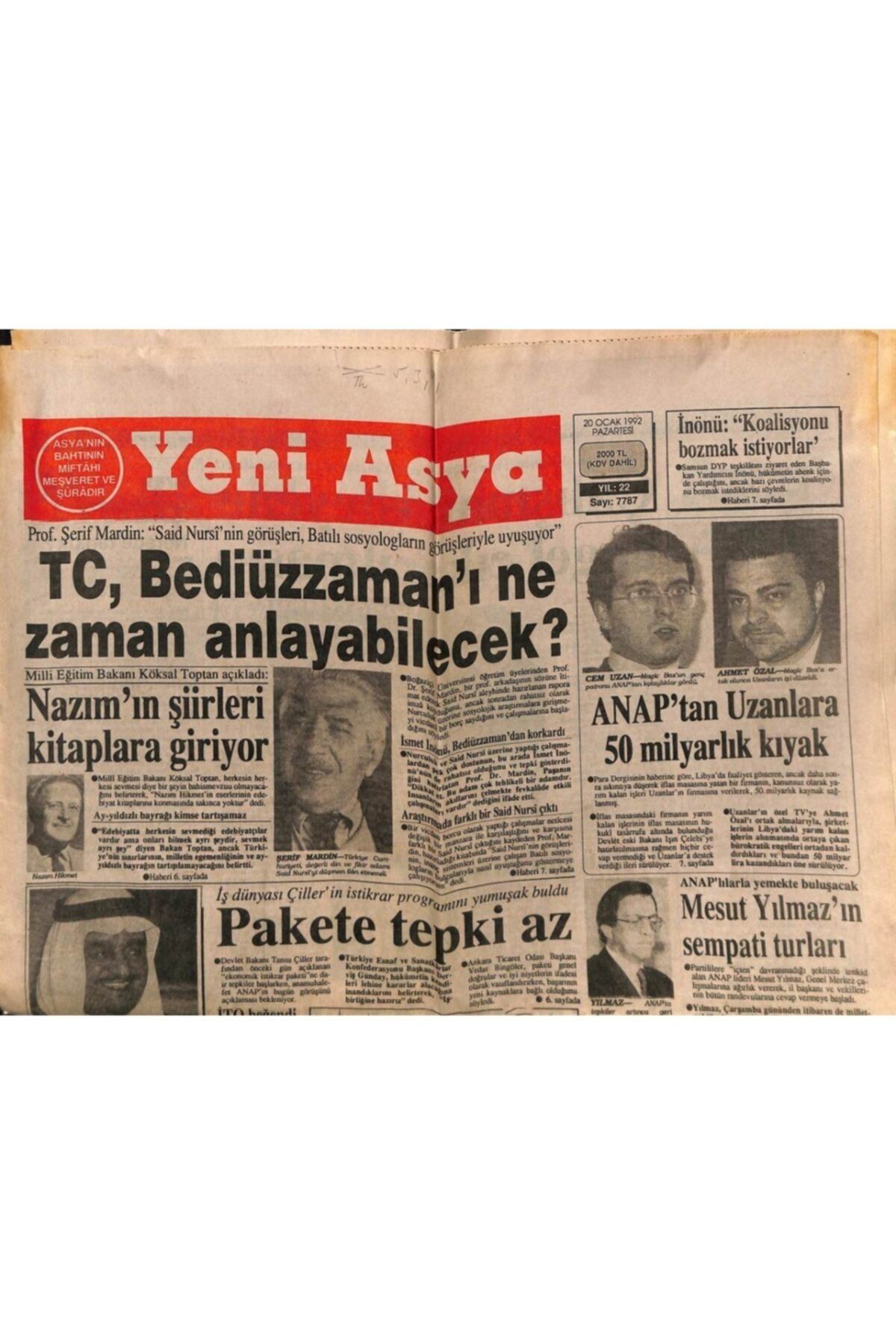 Gökçe Koleksiyon Yeni Asya Gazetesi 20 Ocak 1992 - Nazım Hikmet'in Şiirleri Kitaplara Giriyor Gz62960