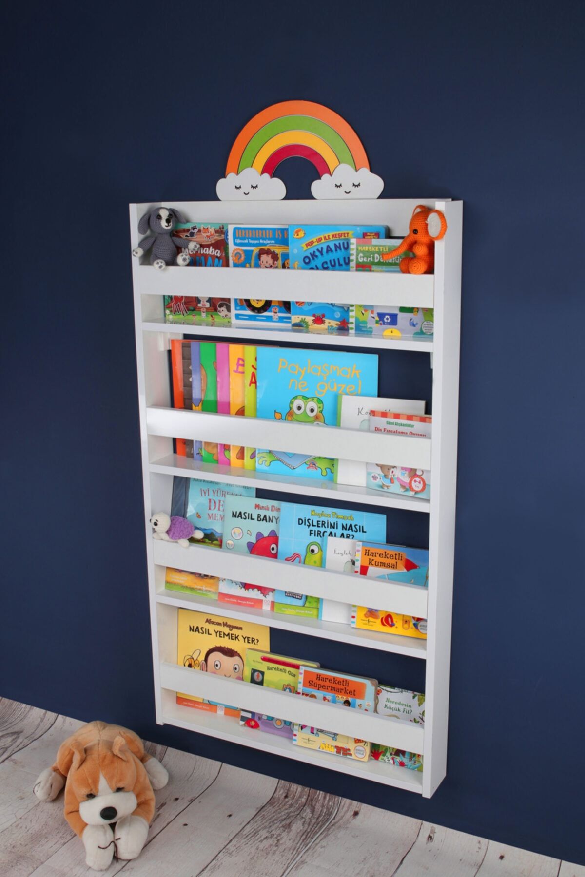 KUMSORİ Gökkuşağı Figürlü 4 Raflı Eğitici Montessori Kitaplık