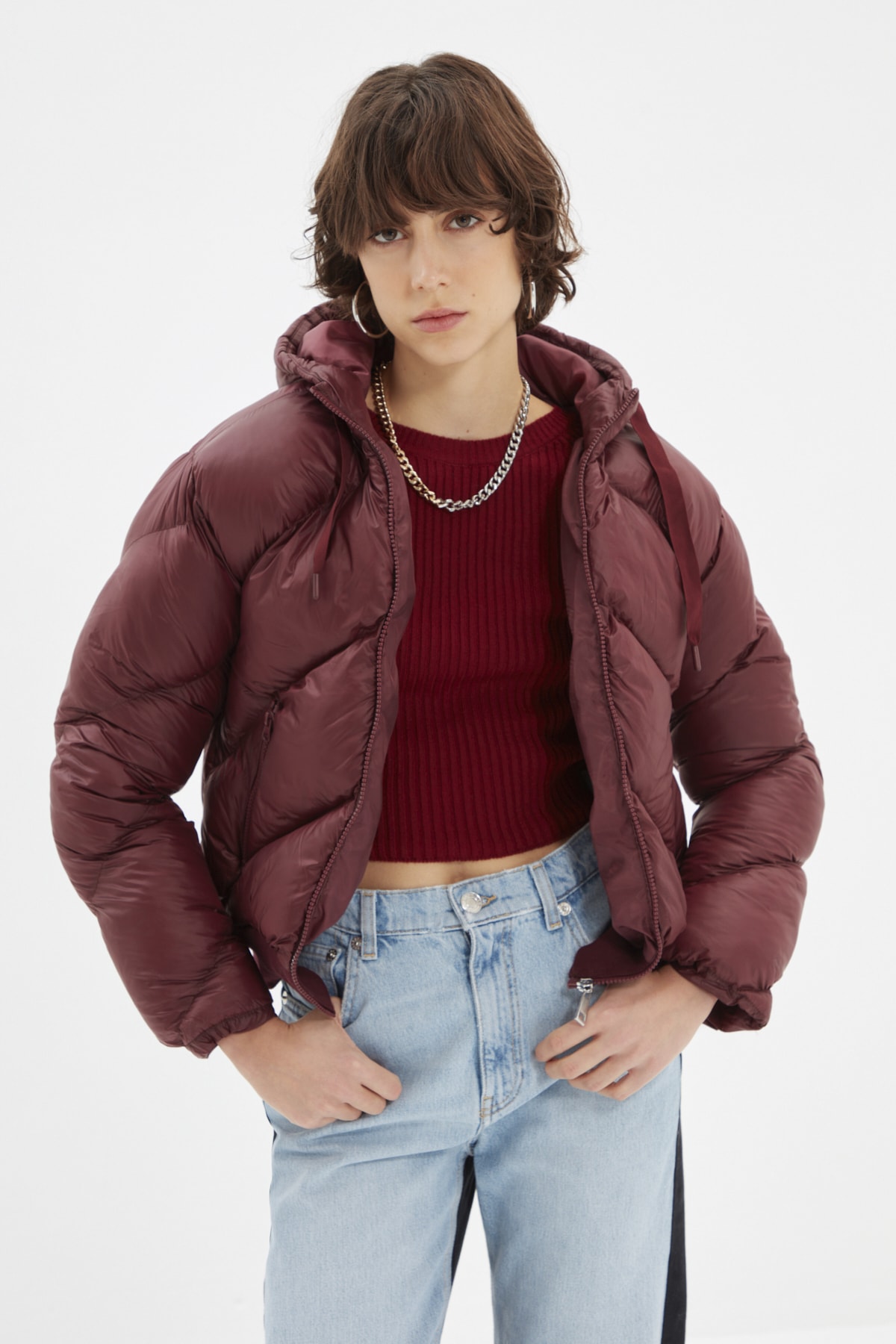 TRENDYOLMİLLA Bordo Kapüşonlu Fermuar Kapamalı Şişme Mont TWOAW22MO0054
