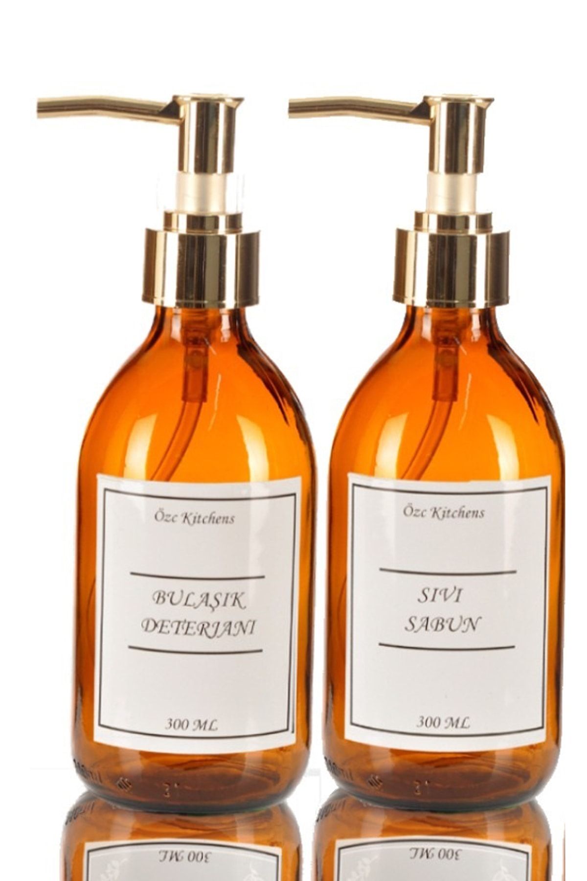 Özc Kitchens Lüx 300 Ml Amber Cam Gold Kapaklı Sıvı Sabun & Bulaşık Deterjanı Şişesi (300ml*2)