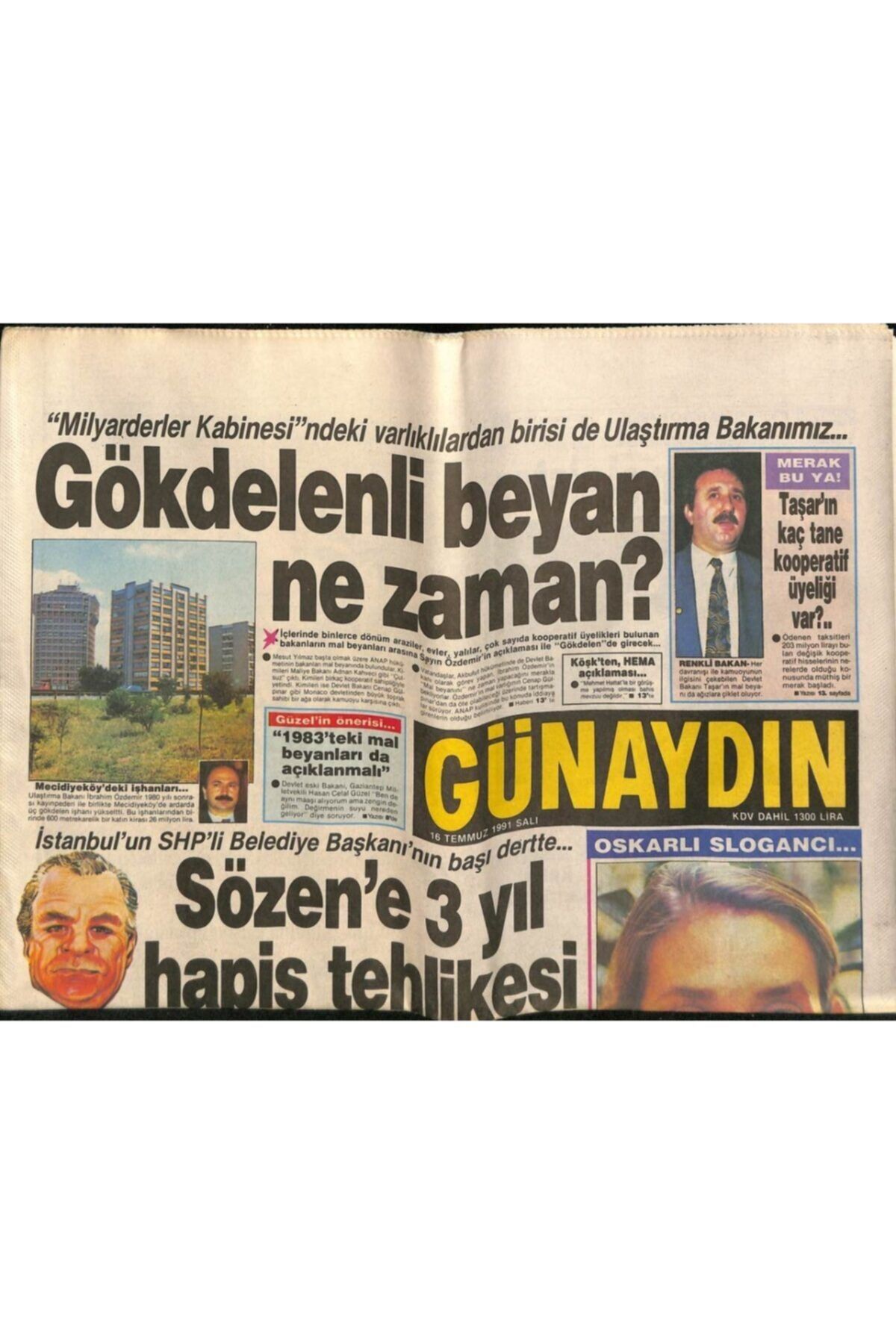 Gökçe Koleksiyon Günaydın Gazetesi 16 Temmuz 1991 - Hülya Avşar , Mardin - Münih Hattında ! Gz72144