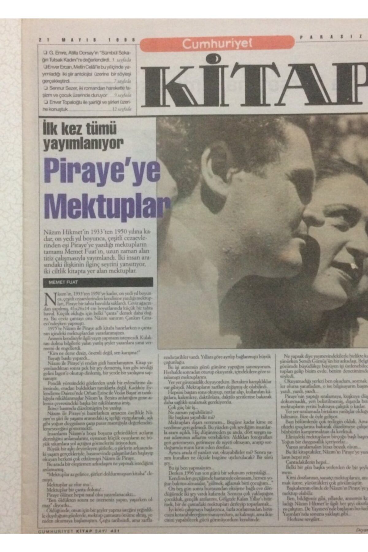 Gökçe Koleksiyon Cumhuriyet Gazetesi Kitap Eki 21 Mayıs 1998 - Piraye'ye Mektuplar Gz51293