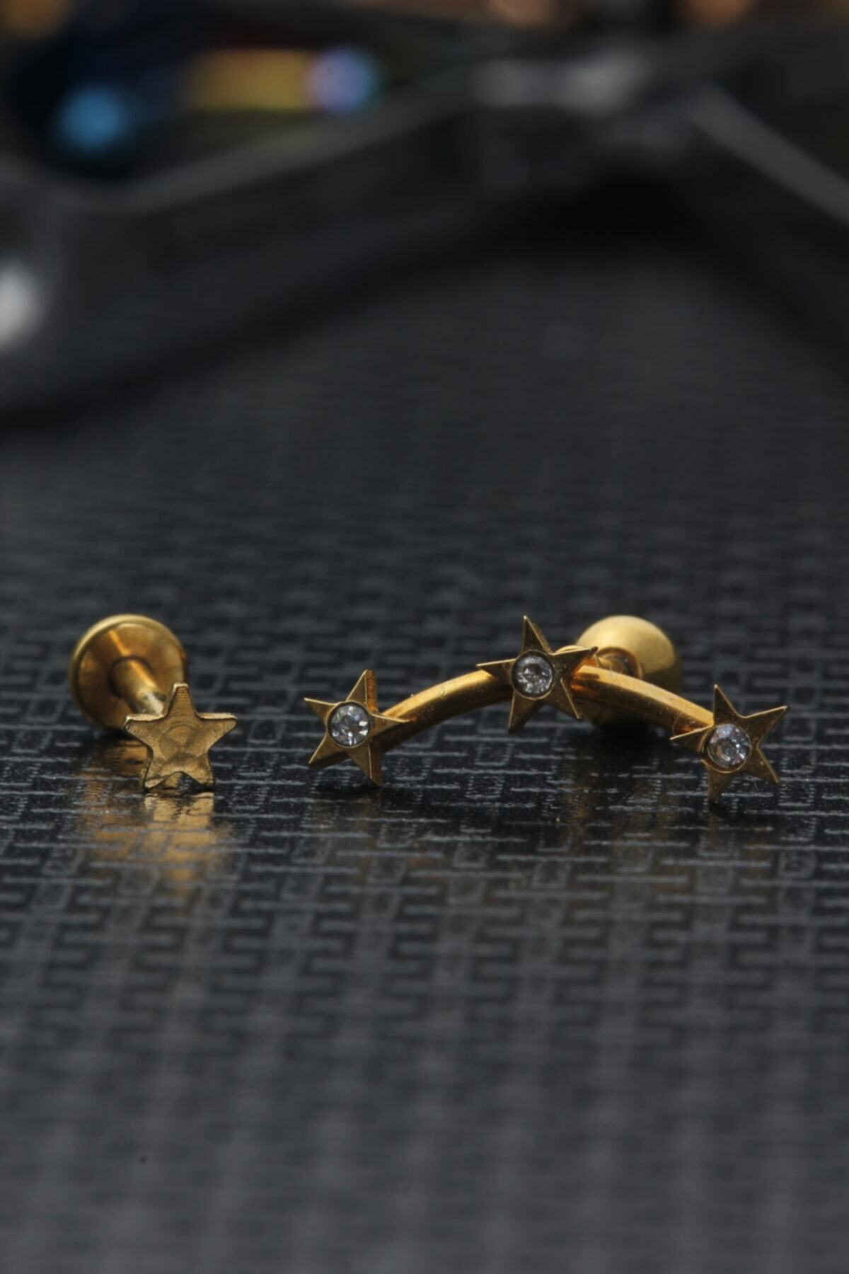 Abuksubukşeyler Cerrahi Çelik Kıkırdak Tragus Yıldız Samanyolu Piercing Set 2 Adet Gold