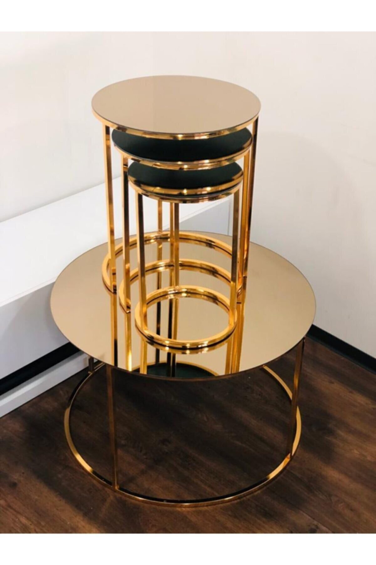 BMS 37 Zigon Ve Orta Sehpa Takımı Gold Metal Bronz Ayna Takımı