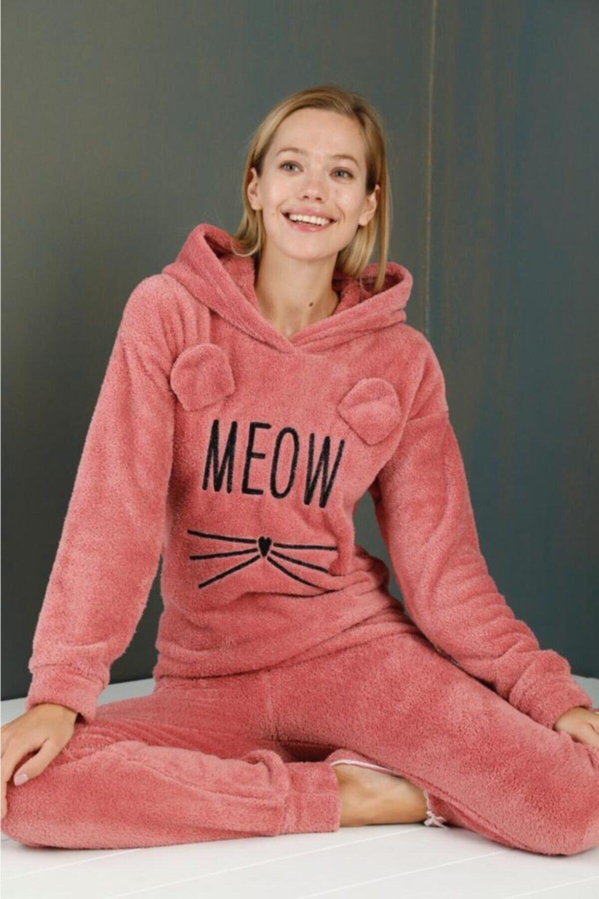 Pijamoni Kadın Pudra Meow Kulaklı Welsoft Polar Takım