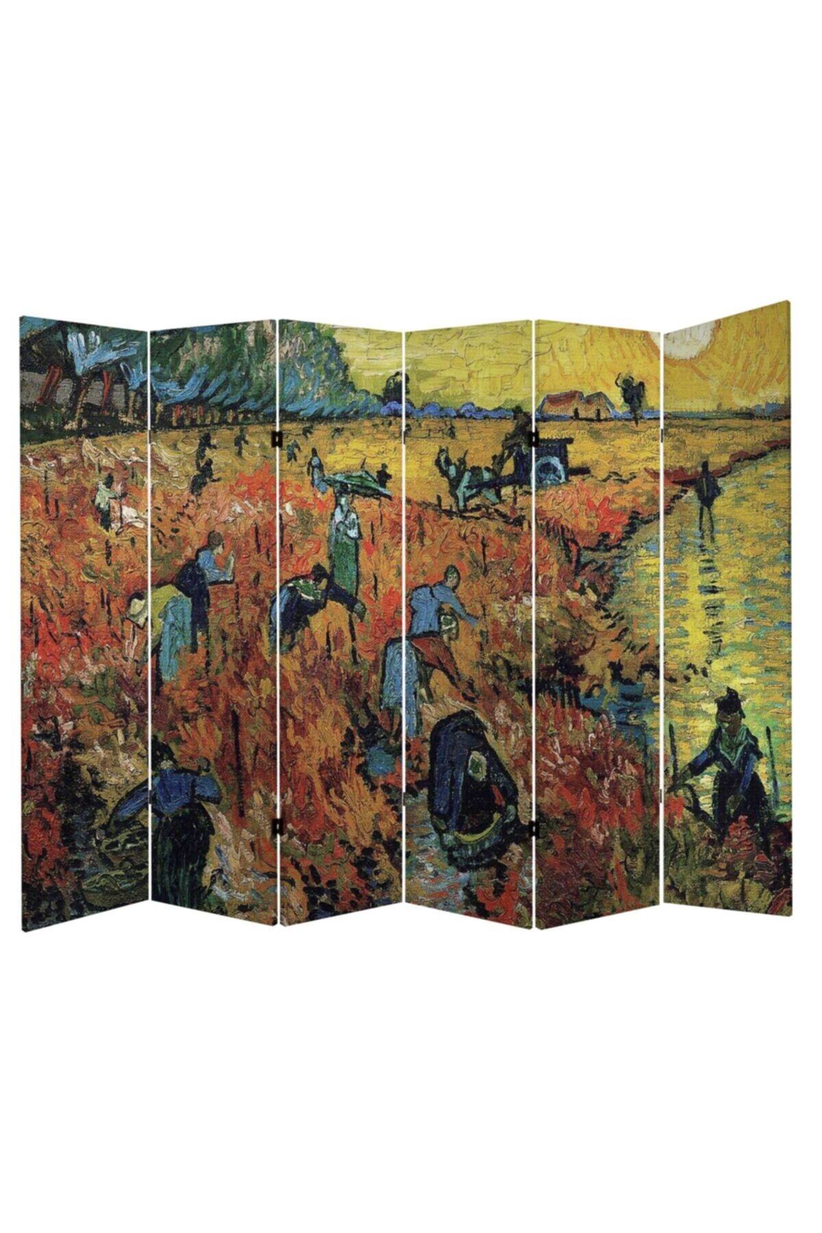 StellaStore Vincent Van Gogh Red Vineyards 6 Kanatlı Oda Bölücü Çift Taraflı Kanvas Paravan