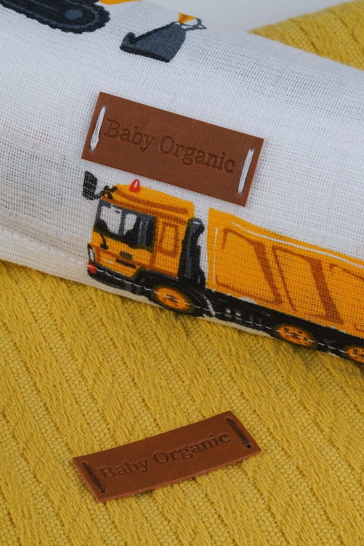 baby organic %100 Pamuklu Örgü Desen Bebek Pikesi Hardal 110x110cm Ve Müslin Örtü Seti /müslin Omuz Örtü Hediyeli