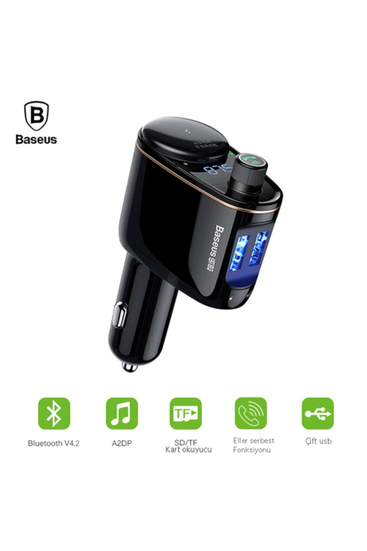Baseus Locomotive Ccall Bluetooth Aktarım Mp3 Araç Kiti Dual Usb Araç Şarjı-siyah