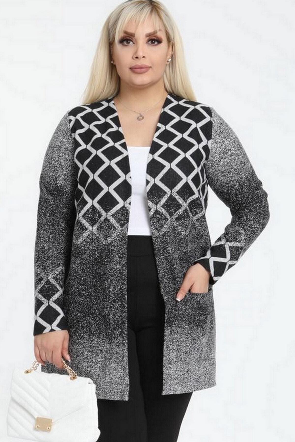 Plus Size Fashion Kadın Büyük Beden Ceket Gri Hırka Jakarlı Baklama Kare Desenli