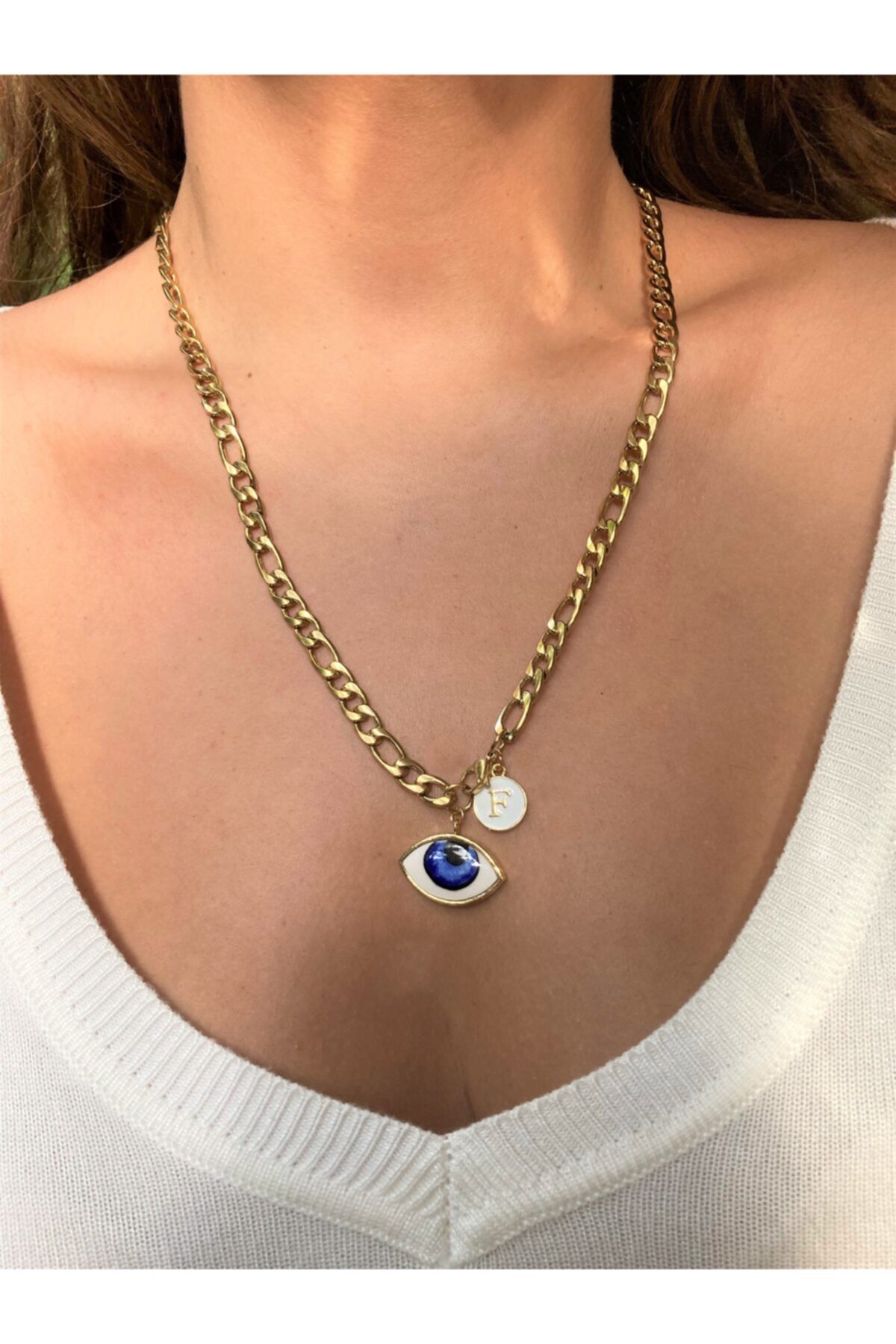 floom jewelry Mavi Göz Ve Harf Detaylı Kalın Çelik Zincir Kolye