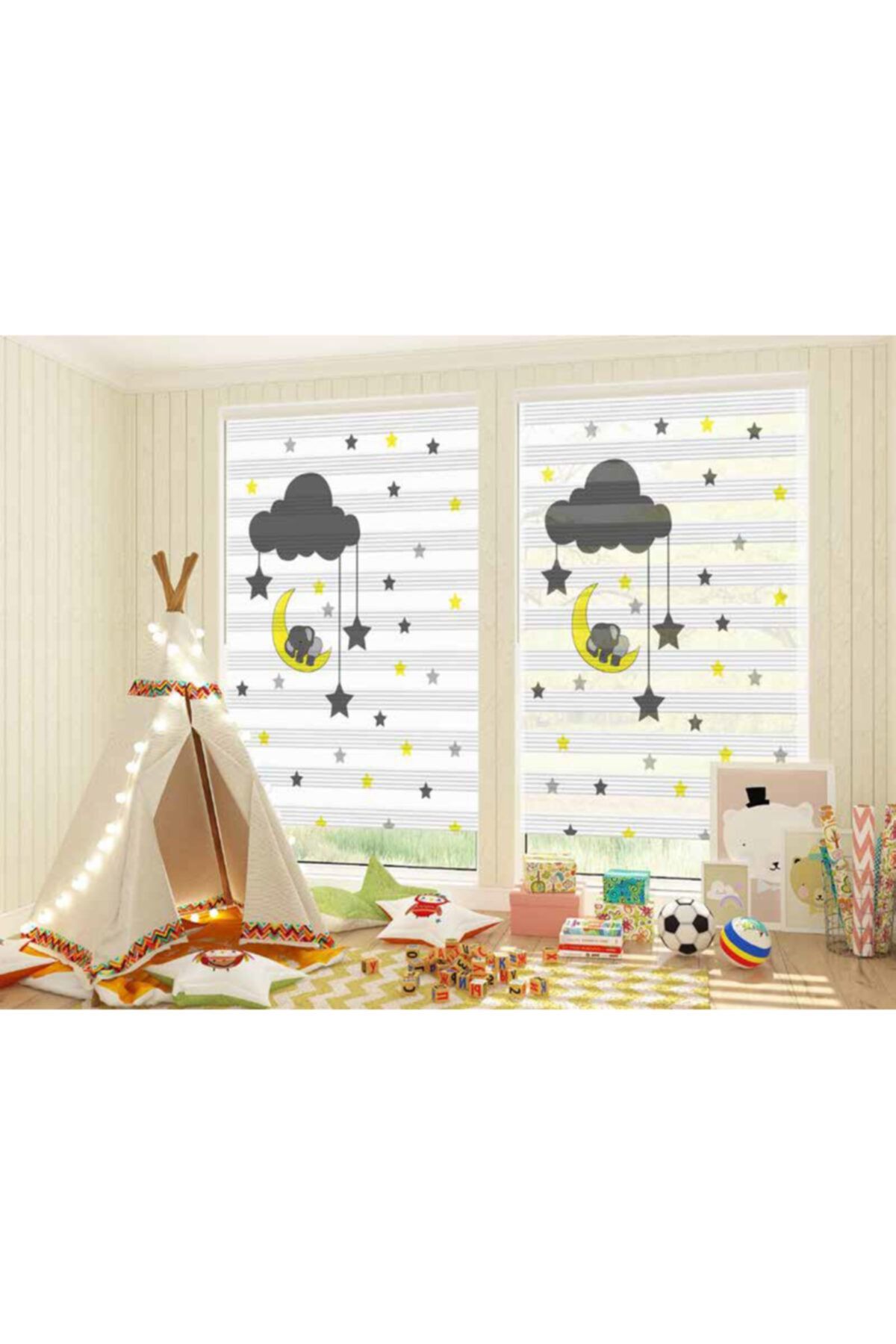 Perdeser Fil Ve Ay Baskılı Zebra Stor Perde 100 X 200