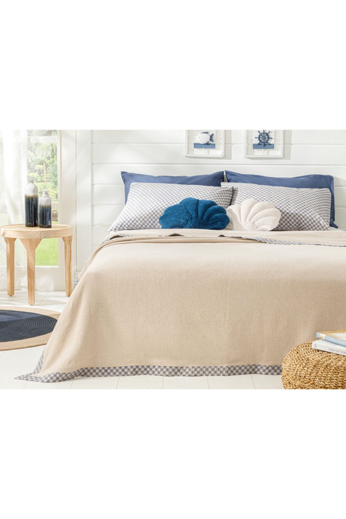 English Home Modern Plaid Biyeli Çift Kişilik Pike Seti 200x220 Cm Bej