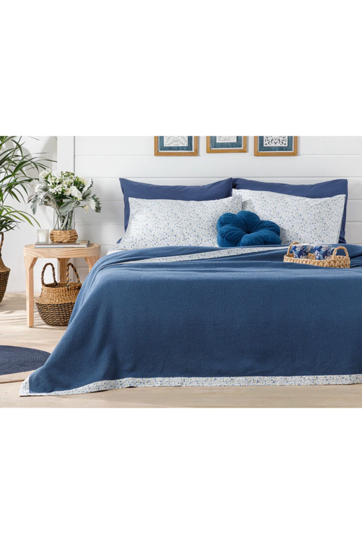 English Home Floral Joy Biyeli Tek Kişilik Pike Seti 150x220 Cm Indigo