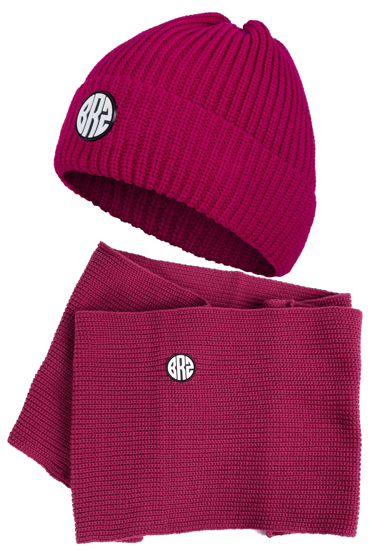 BRZ KIDS Unisex Kalın Örgülü Fuşya Atkı Bere Takımı