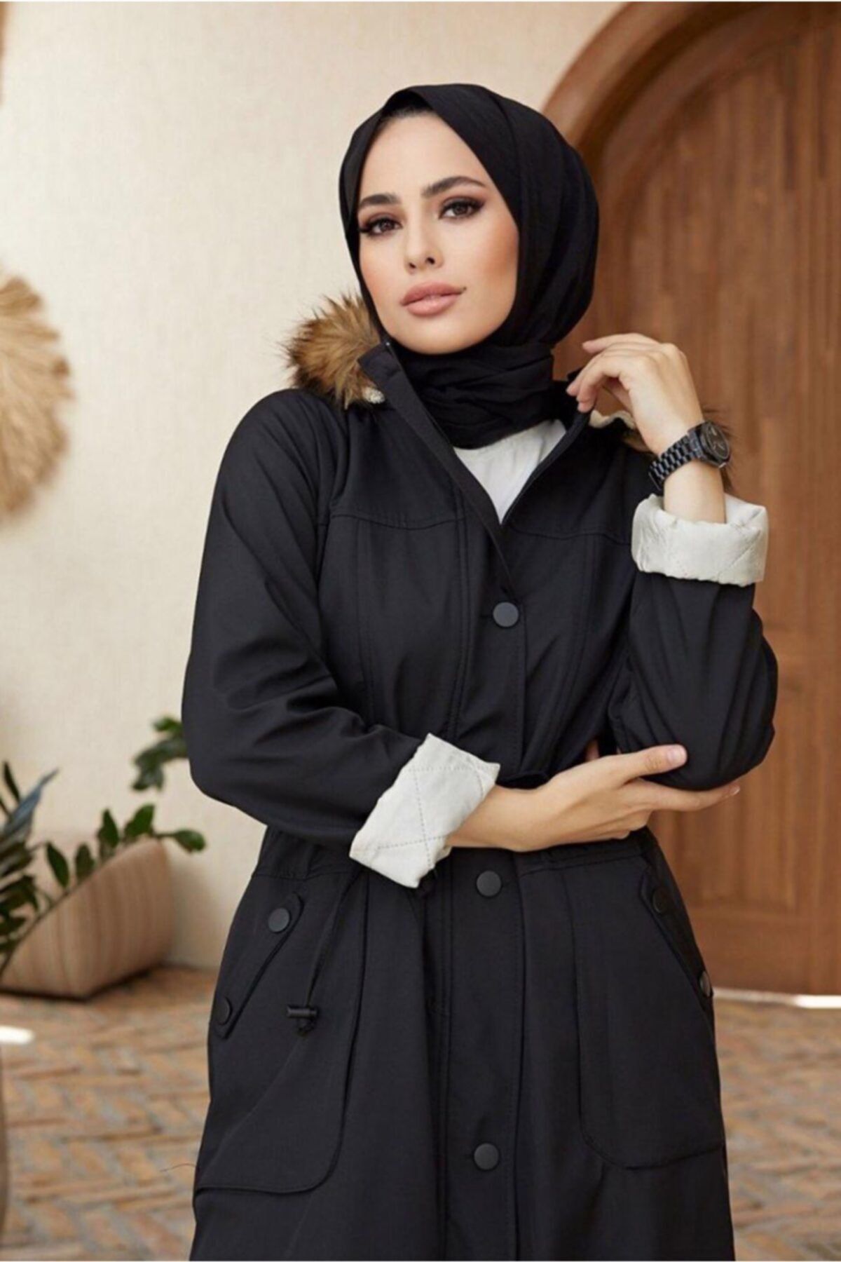 TRENDTESETTÜR Beli Büzgülü Kapüşonlu Kaban 819