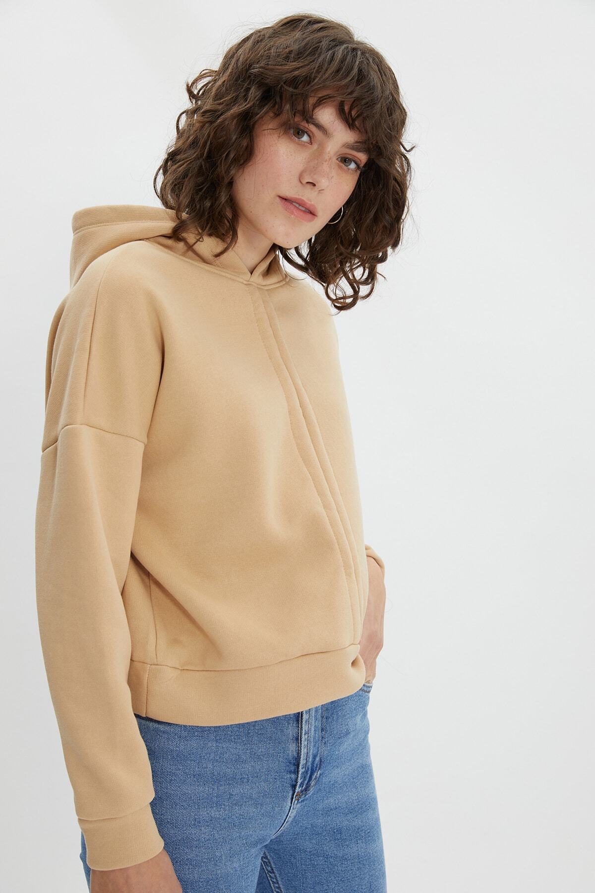 TRENDYOLMİLLA Camel Büzgülü Şardonlu Crop Örme Sweatshirt TWOAW22SW2069