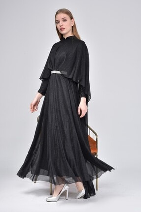 Kadın Simli Pelerinli Ve Kemerli Siyah Abiye Elbise