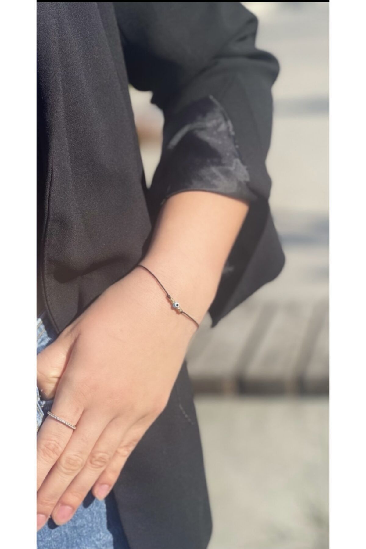 Yek Jewellery 14 Ayar Altın Küçük Toplu Açık Mavi Boncuklu Siyah Bileklik