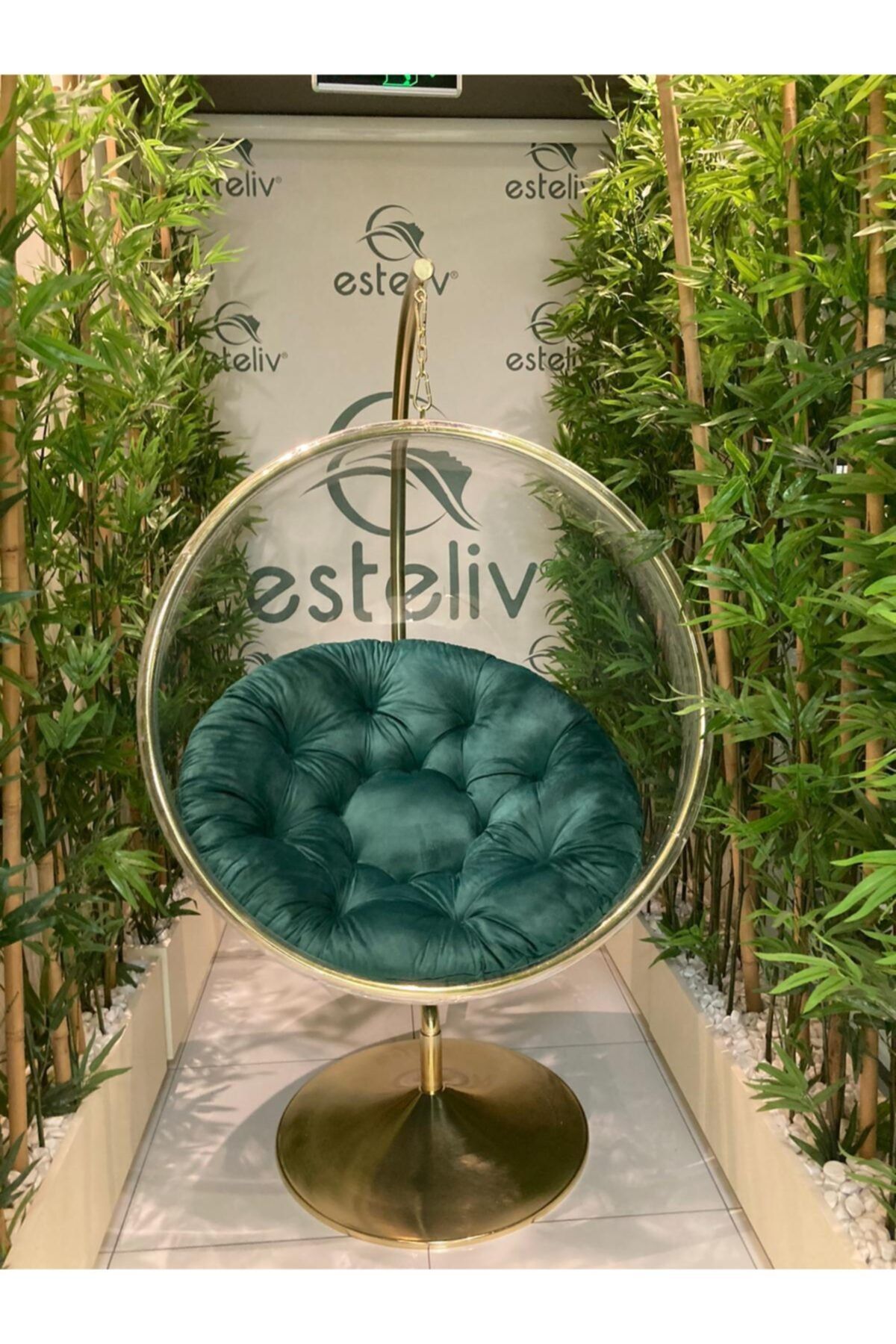 oturcam Bubble Chair Flanş Ayaklı Gold Kaplama Pleksi Akrilik Salıncak